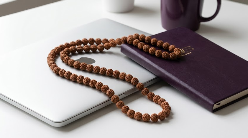 Experiencing Rudraksha benefits for stress in a corporate workspace
